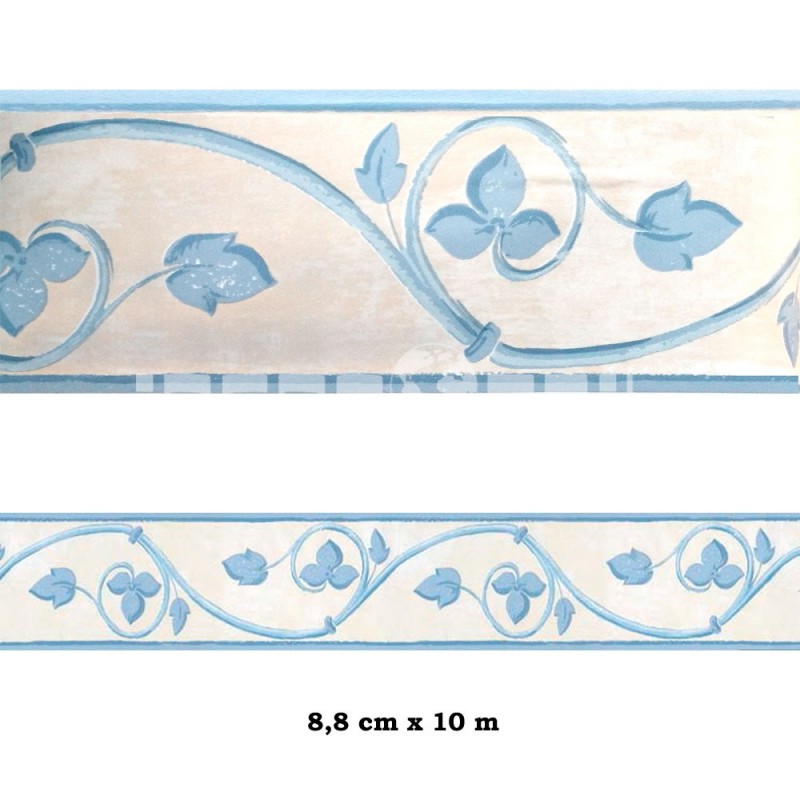 Cenefa no adhesiva con estampado Cenefa beige flores azules