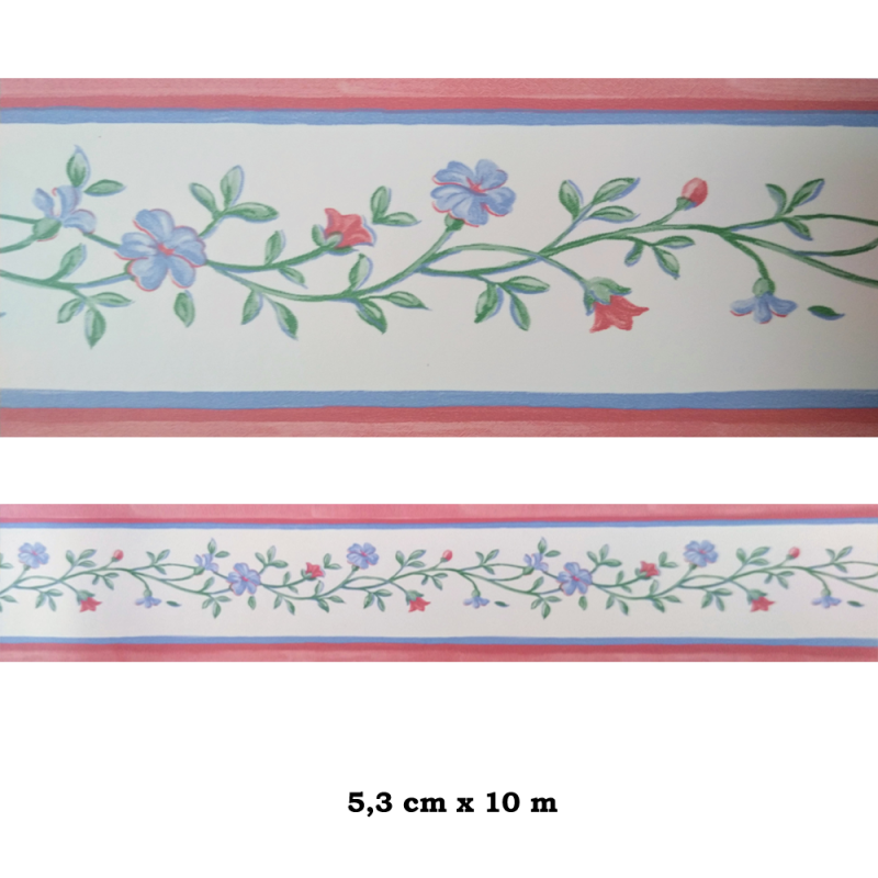 Cenefa semi-adhesiva de fondo blanco con estampado floral en tonos verdes, azules y rosas